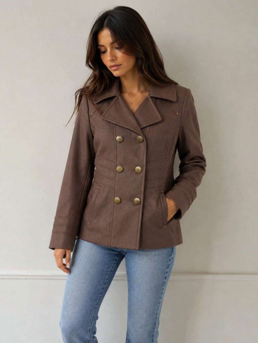 Kenneth Cole NY Corset Waist Wool Peacoat Brown Size 2 Hourglass Coat